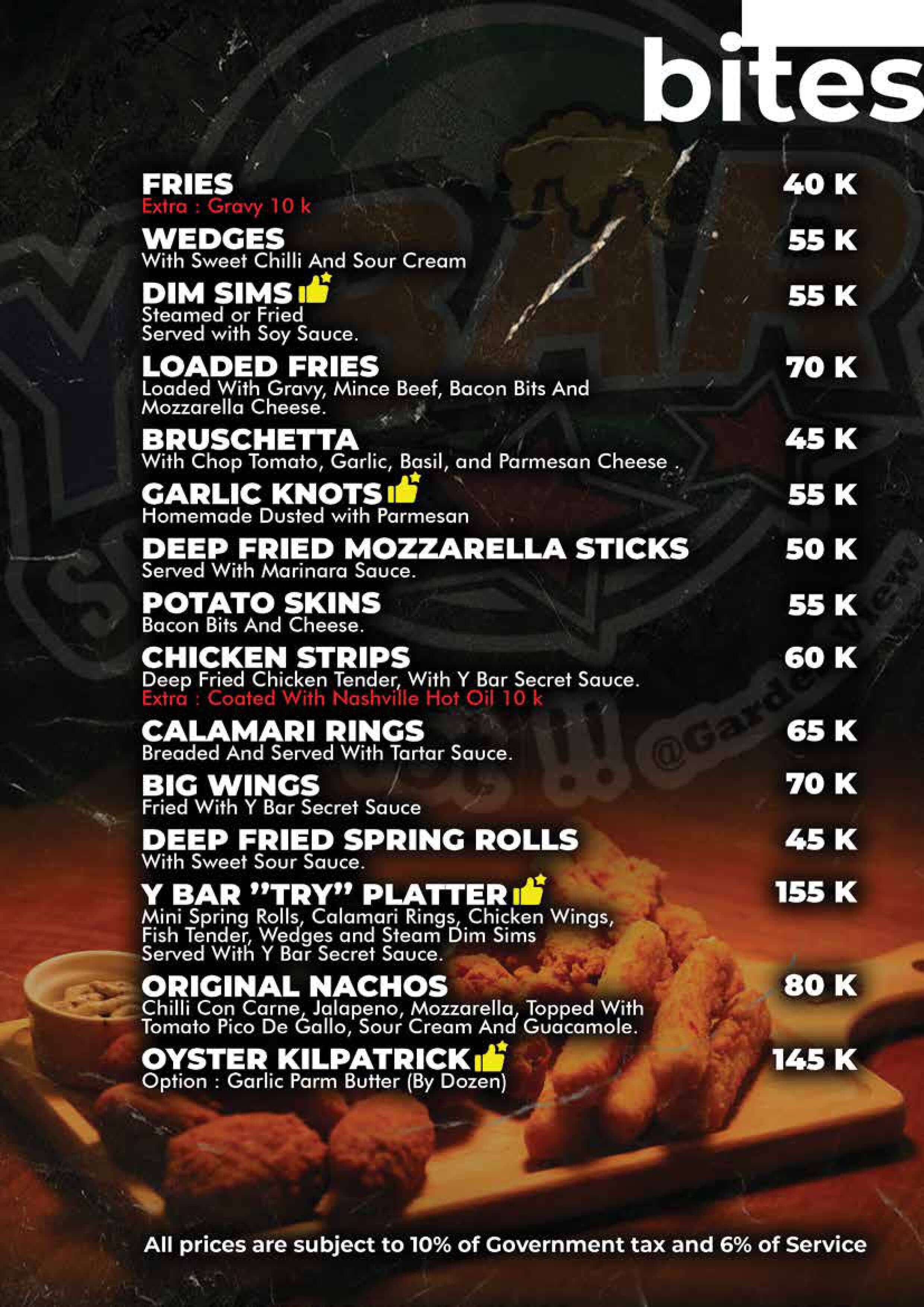 Y-Sport Bar Legian food menu page one, bites